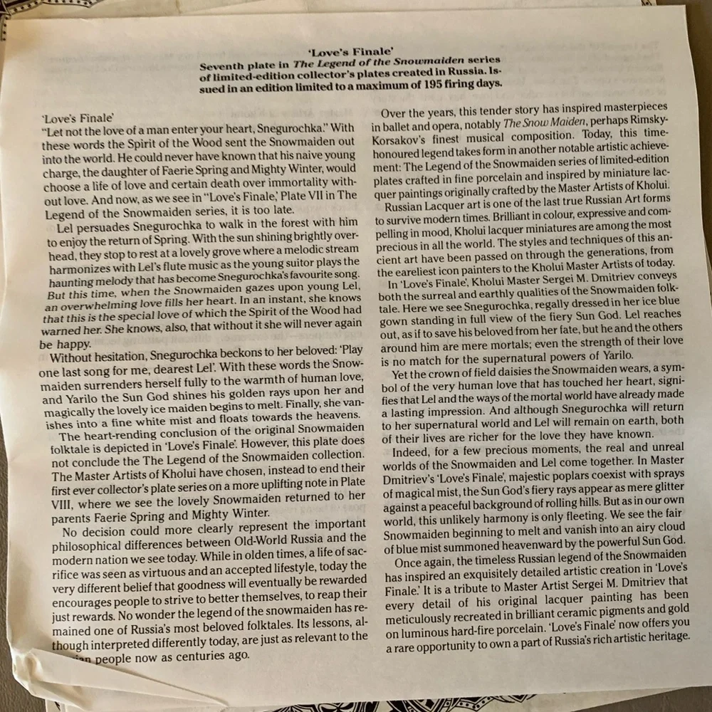Love's Finale - Snowmaiden Russian Porcelain Plate(1990) Kholuy Art Studios. - Picture 4 of 13